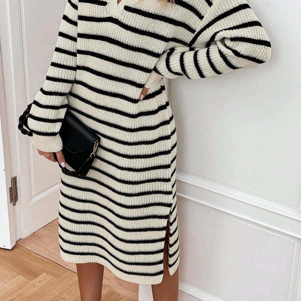Black & White Boho Womens Stripe Pattern Drop Shoulder Split Thigh Sweater Dress - Picture 5 of 7
